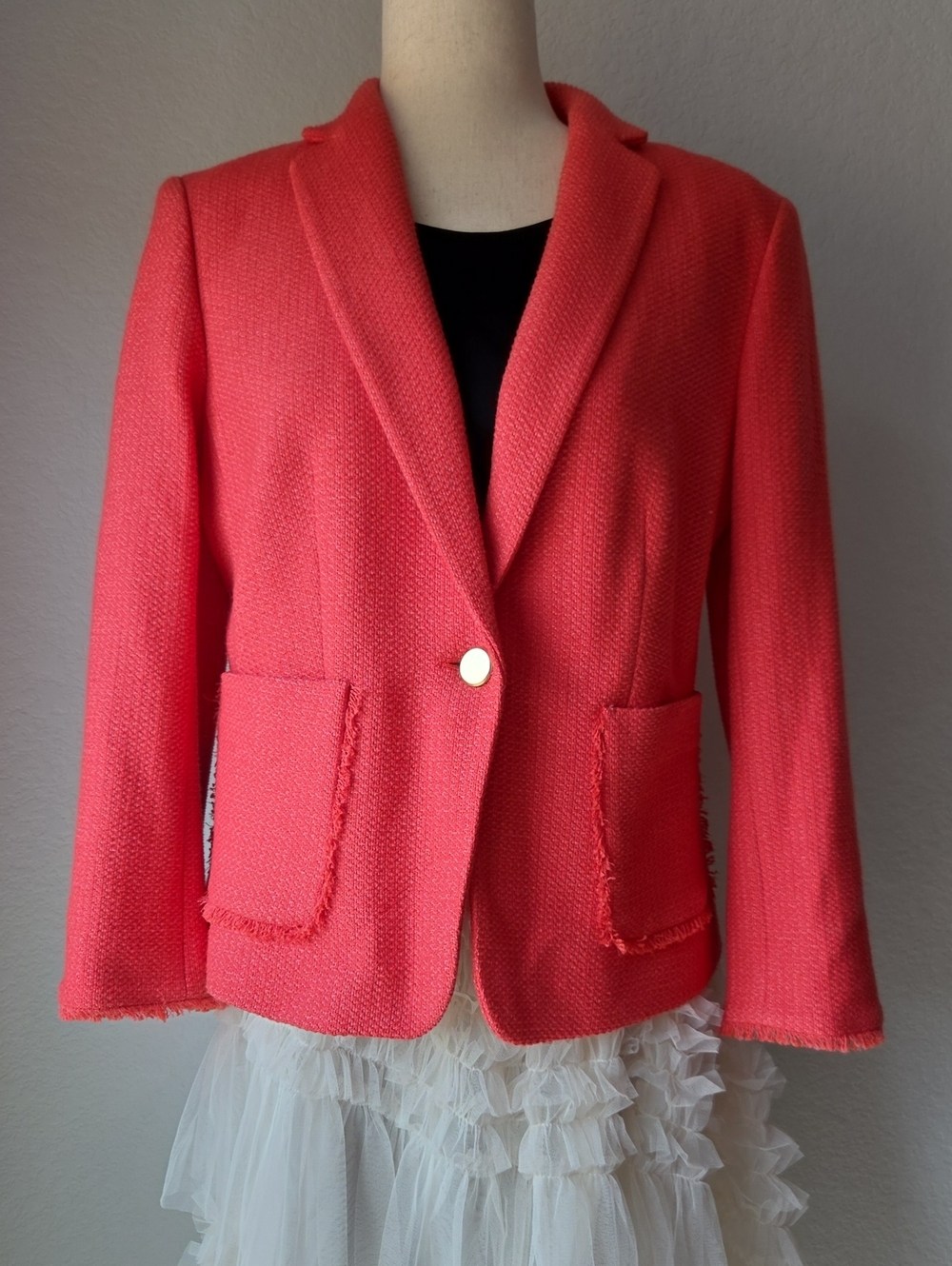 Ann Taylor Coral Pink Textured Fringe Pocket Blazer Jacket Office Gold Buttons